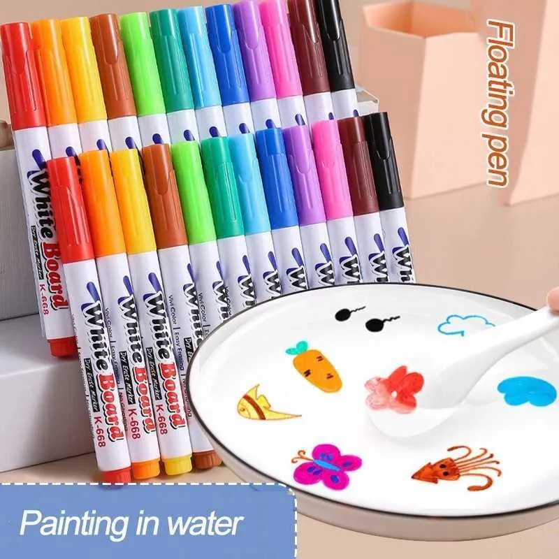 12pcscolor Brush 8/12 colori Magical Painting Pen Set Water Floating Doodle Kids Drawing Early Art Education Penne Magic Whiteboard Marker P230427