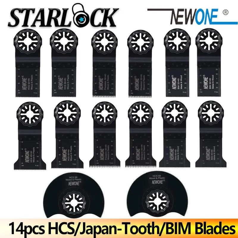 Zaagbladen 14 pièces lames de scie oscillantes Starlock HCS/dents japonaises/dents bimétalliques/HSS adaptées aux outils oscillants électriques pour couper le bois, le plastique et le métal