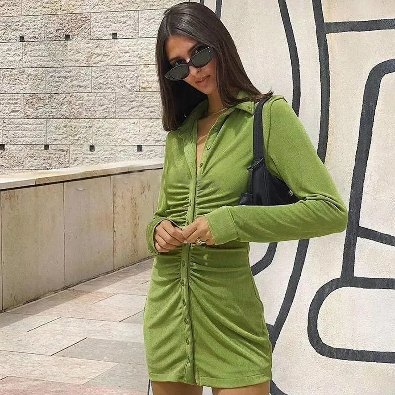 Elegant Green Silk Jumpsuit SS with Twisted Womens Petite Casual Dresses, Collar Summer Dress, Button Summer Dress:  Solid Color Mini Shirt Dress With Long Sleeves And Pleated Detail For Women  From Julia_dress, $21.15 In Bulk | DHgate.Com