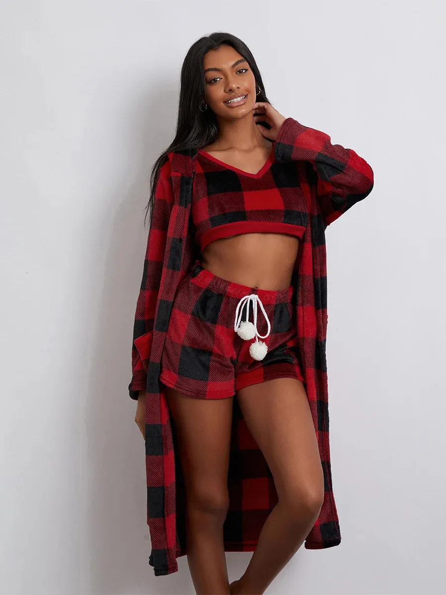 Kvinnors sömnkläder WSevypo Fall Winter Plaids 3 Piece Pyjamas Ställer in kvinnors varma loungekläder ärmlösa remmar Crop Tank TopsShortslong Sleeveve Robe 231128