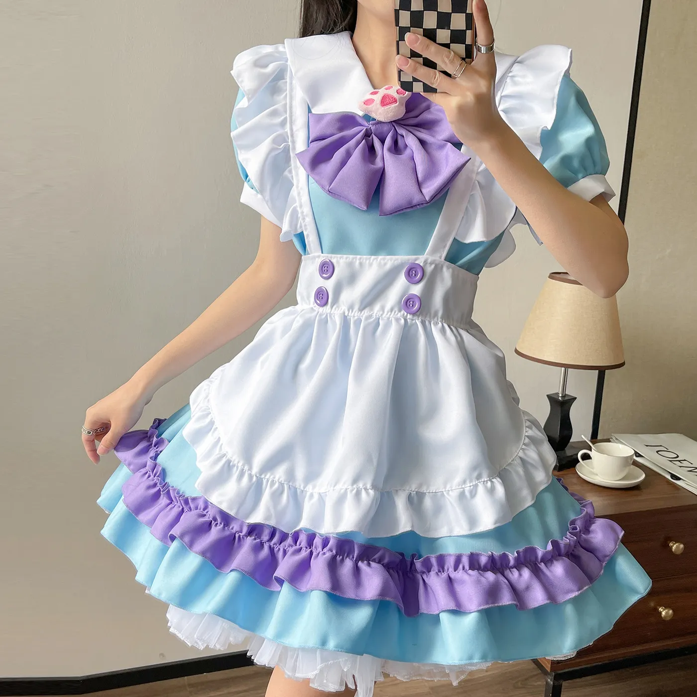 Casual Jurken Jurk Anime Cosplay Meid Jurk Roze Blauw Kanten Schort Jurken Uniform Leuke Kat Dienstmeid Kostuums Outfits