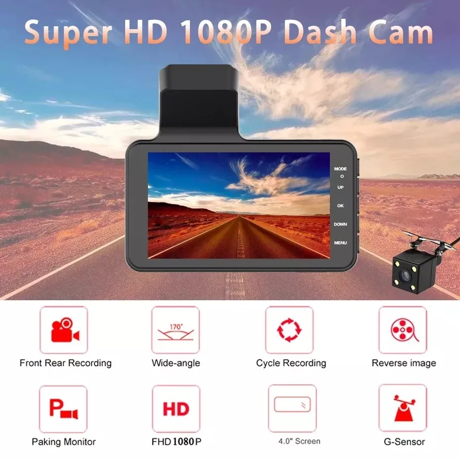 4-tums Dash Cam Front och BACK CAMERA VIDEO RECORDER Dual Lens Car DVR Cycle Recording Night Vision G-Sensor 1080p DashCam