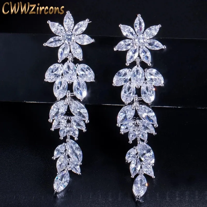 Stud CWWZircons Luxe Marquise Cluster Fleur Forme Cubique Zircone Longue Dangle Boucles D'oreilles pour Les Mariées Bijoux De Mariage CZ432 231128