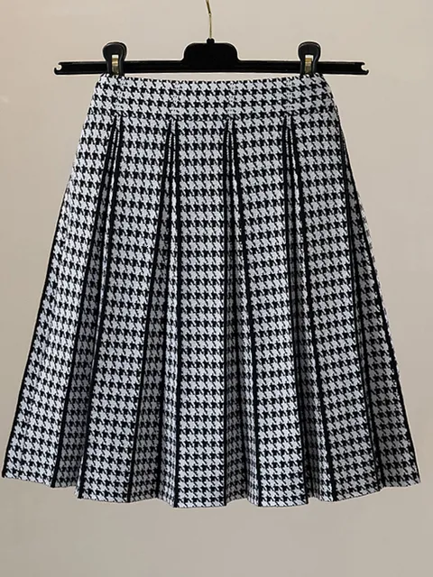 Houndstooth Mini Skirt - Womens High Waist A-Line Pleated
