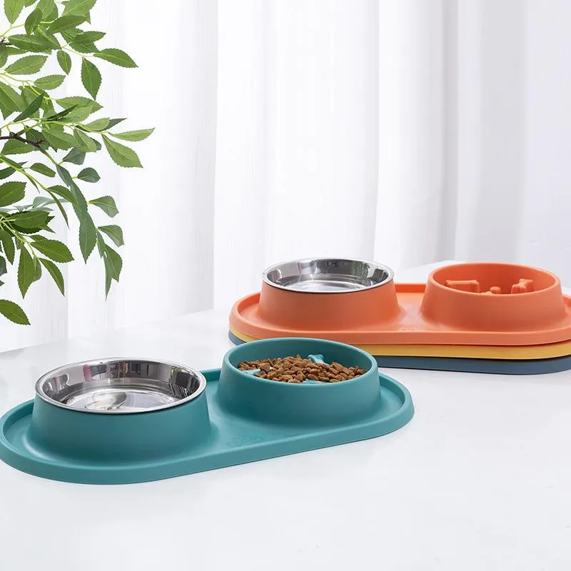 Fütterung Neue AntiSilicone Pet Slow Food Schüssel AntiUpset AntiChoking Doppel Schüssel Automatische Katze Und Hund Feeder Edelstahl