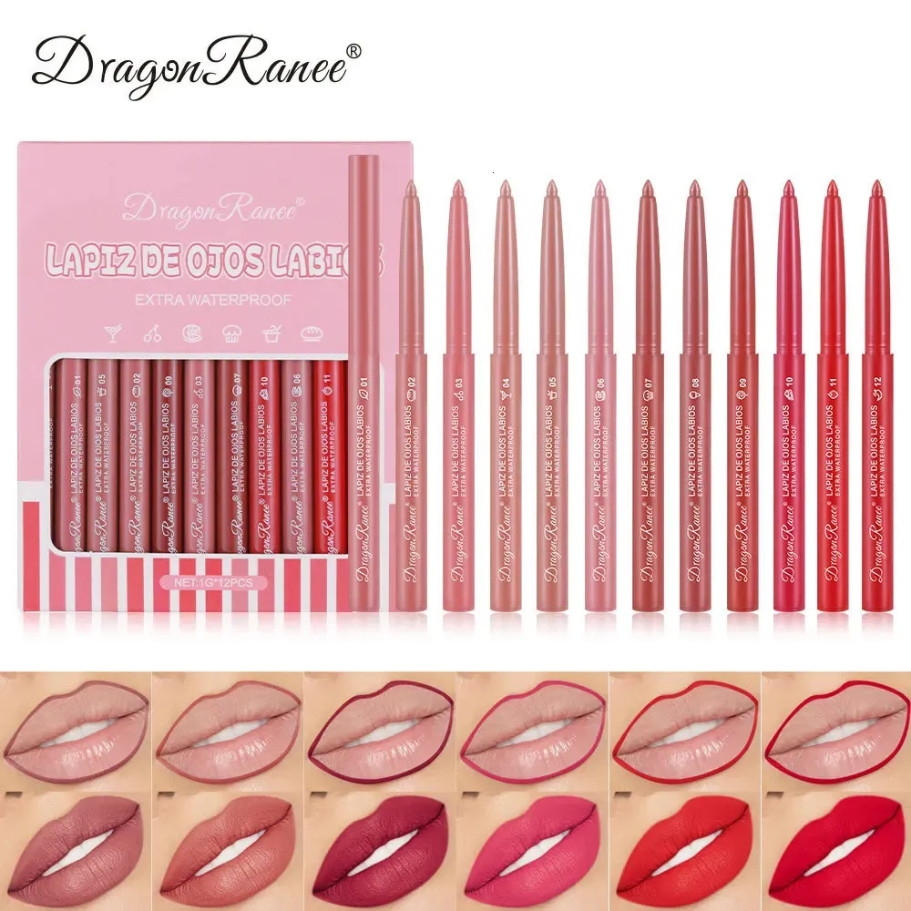 Brillant à lèvres 12 couleurs / boîte Lipliner Set Matte Nude Rouge à lèvres Maquillage imperméable Velvet Lip Liner Longue durée Soft Mist Lip Stick Crayon Set 231128