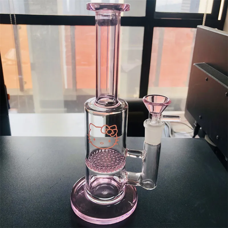 8.5inhces Pink Kitty Bong 14mm Male Glass Bong Bowl with Thick Hookah Bowls Water Pipes for Dab Rigs