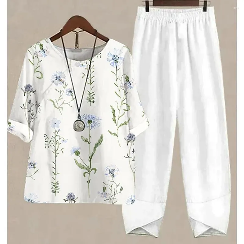 女子2ピースパンツホワイトフローラルプリント衣装エレガントな女性oネックルーズゆるいショートスリーブシャツとカジュアルスーツの夏セット