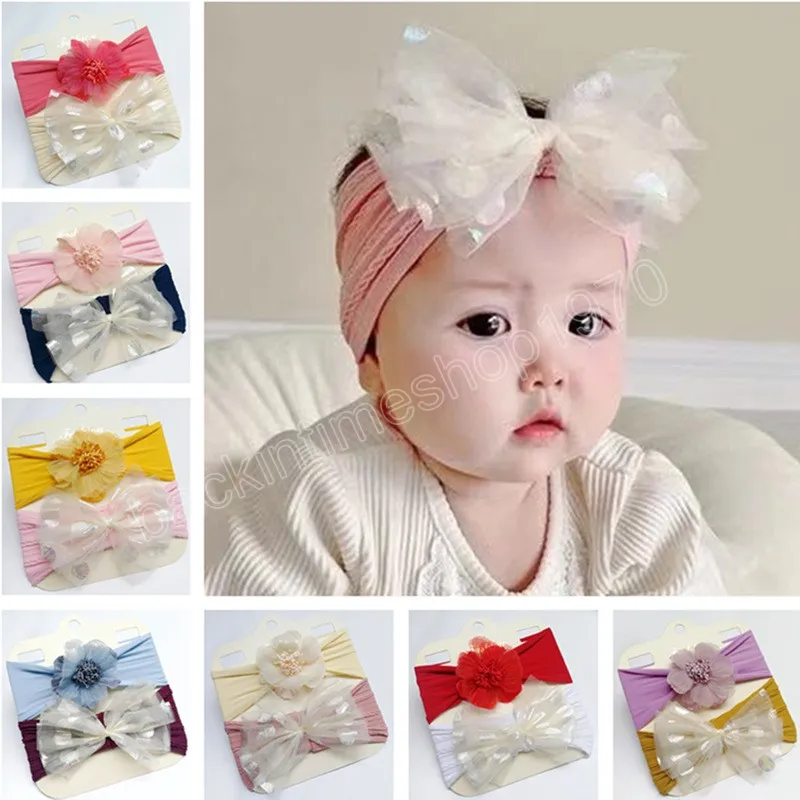 2 teile / satz Schöne Künstliche Blume Elastisches Haarband Glänzendes Nettogarn Bögen Baby Stirnband Prinzessin Headwear Geburtstagsgeschenke