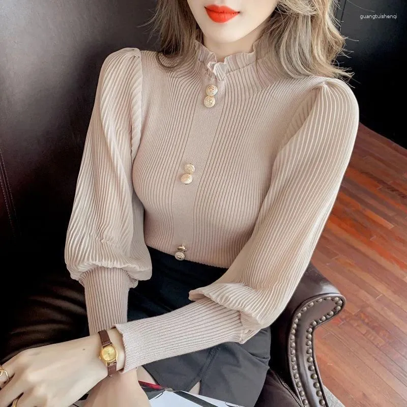 Frauen Pullover Koreanische Luxus Pullover Rollkragen Spitze Rüschen Pullover Top Strickwaren Trend Bodenbildung Weibliche T-Shirt De Mujer