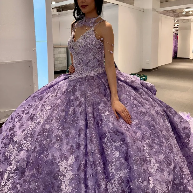 Lavender Luxury Ball Gown Quinceanera Dresses Beads Crystal Glitter Applique Lace Flower Vestidos De 15 Anos Birthday Lace-Up