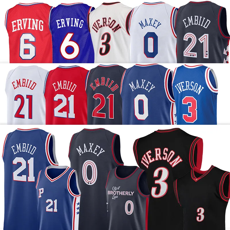 2023 2024 Tyrese Maxey Joel Embiid Basketball Jersey Allen Iverson Julius Erving Sixer City Black Editionレトロシャツホワイトブルージャージ