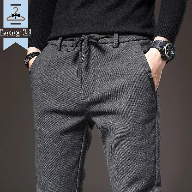 Men's Pants Autumn Winter Brushed Fabric Casual Pants Men Thick Business Work Slim Cotton Black Grey Trousers Male Size 38 231129