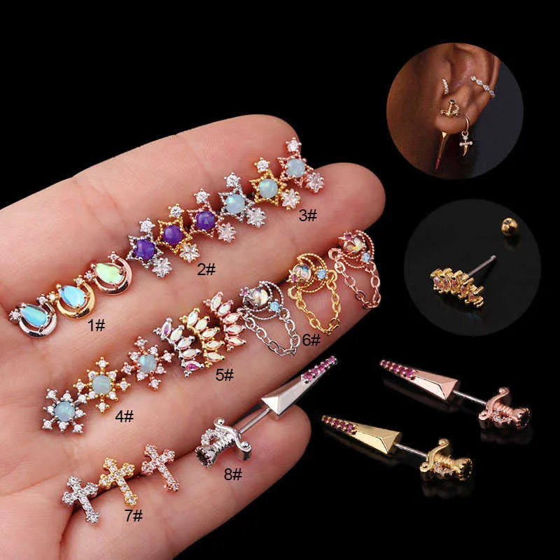 Koreanska kreativa genomborrade örhängen Zircon Rostfritt stål Ear Bone Nail Jewelry Stud örhängen 14K Guldskruv Back Hypoallergenic Cubic Zirconia brinco för flickor