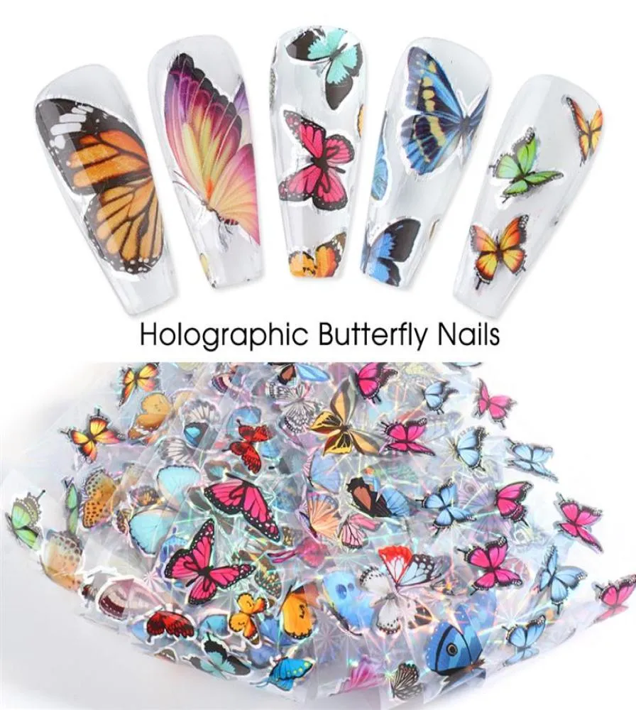 10pcs Holographic Butterfly Foil Nail Art Sticker Summer Colorful Adhesive Paper Manicure Tips Nail Art Decorations GL8102264S2614710