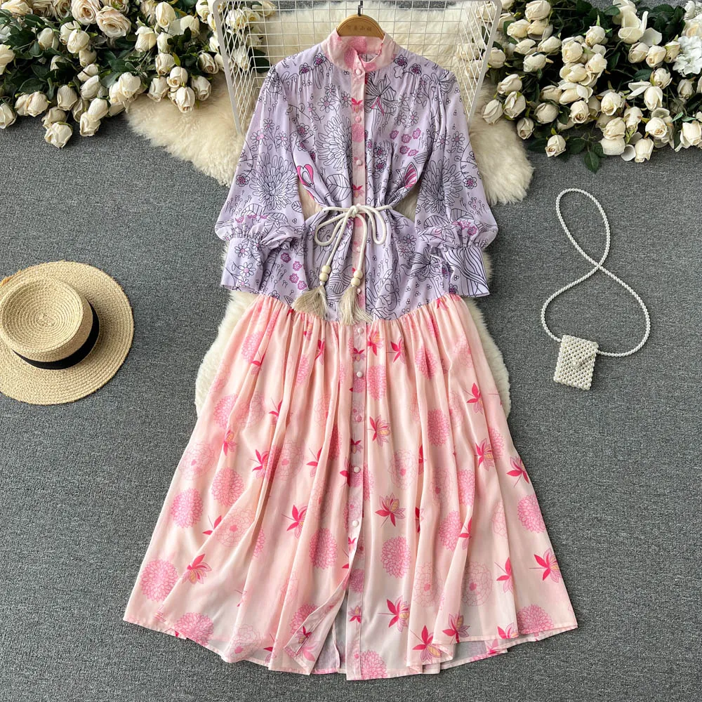 Casual jurken 2023 Spring Summer Runway Flower Maxi Jurk Vrouwen lange mouw bloemenprint losse kanten taille chiffon vakantie Long Vestidos