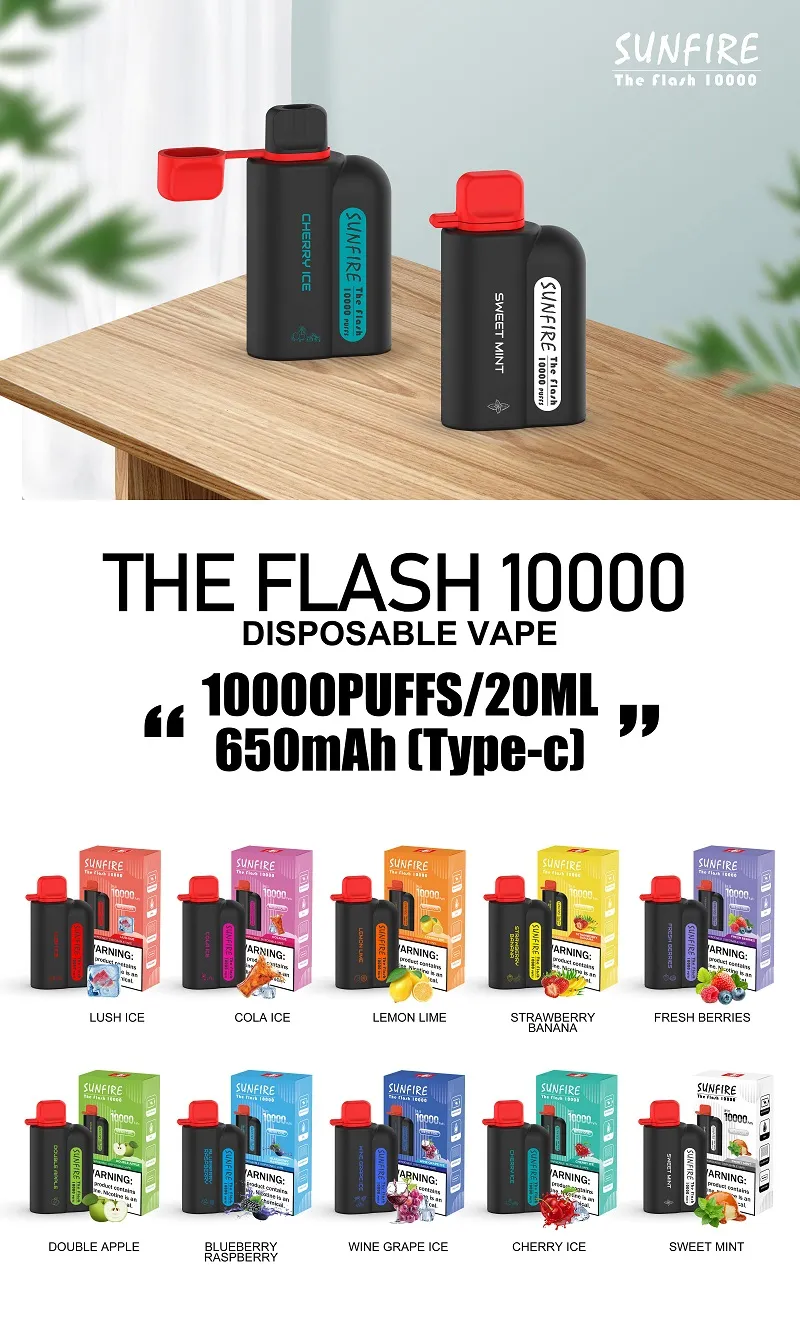 Top 1 Factory Direct Hurtowe Sunfire Nowe jednorazowe Vapes Box 8000 9000 10000 12000 15000 Puffs 10K Elektroniczny papieros 6 mg Wysokiej jakości 20 ml E-Liquid 10 Smaki