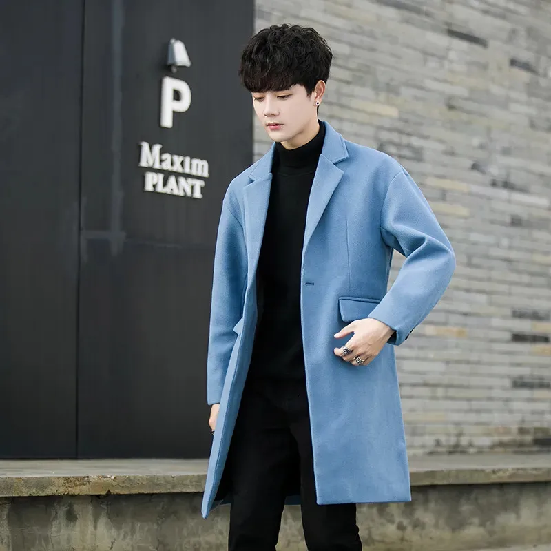 Men's Wool Blends Men Long Coat Autumn Winter Wool Blend Pure Color Casual Business Fashion Slim Windbreaker Jacket Men Clothing 231128