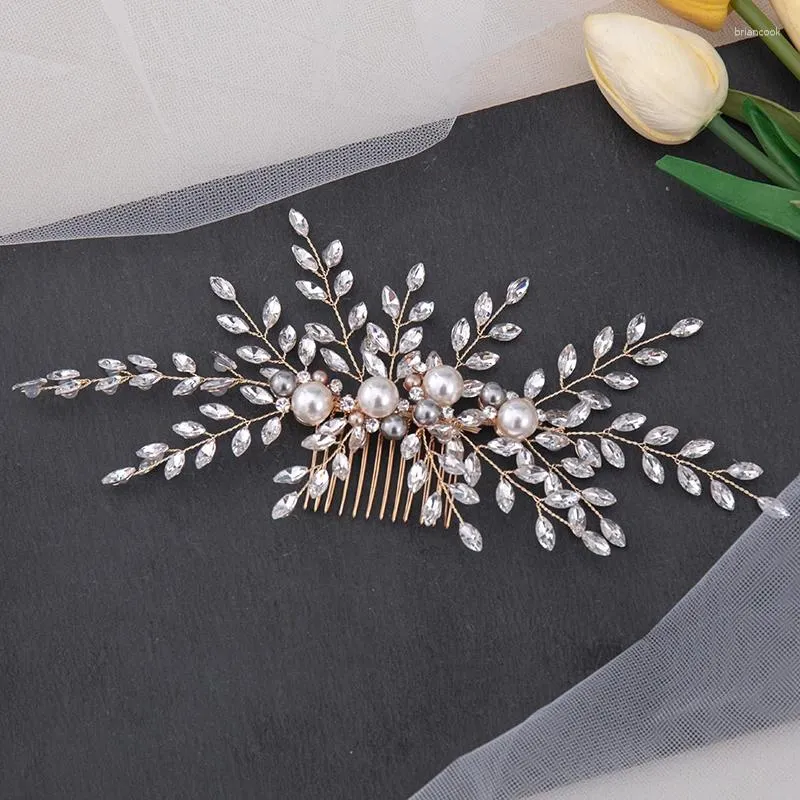 Hair Clips Bride Wedding Crystal Haircomb Hairpin Women Jewelry Accessories Golden Alloy Pearl Beaded Headwear Hand Woven Comb