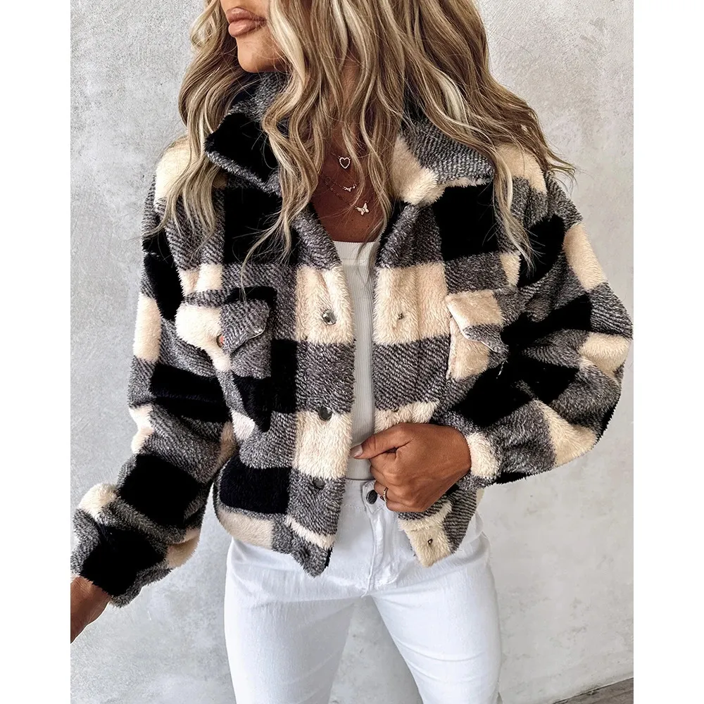 Womens Jackets Autumn Winter Casual Women Plaid Print Colorblock Fleece Teddy Coat Femme Pocket Design Turndown Collar 231129