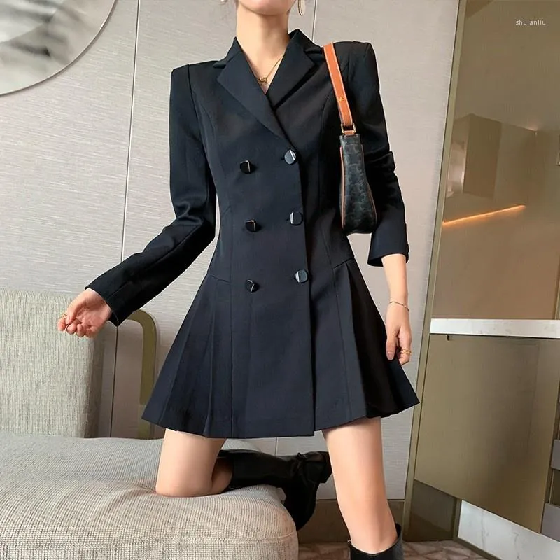 Casual Dresses Ladies Office Slim Fit Double Breasted Suit Dress Women Classic Black Short Mini Pleated Spring Autumn Long Sleeveve