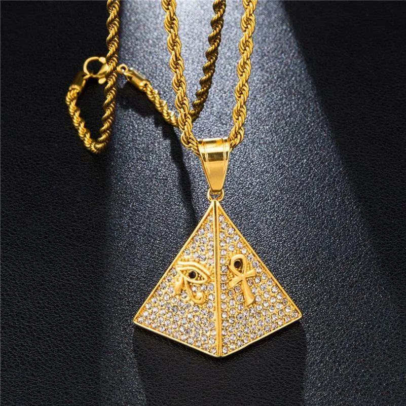 Collier pendentif pyramide égyptien en Zircon cubique, avec l'oeil d'Horus et d'Ankh, breloques pavées de Zircon scintillant, bijoux Hip Hop, cadeau 280E