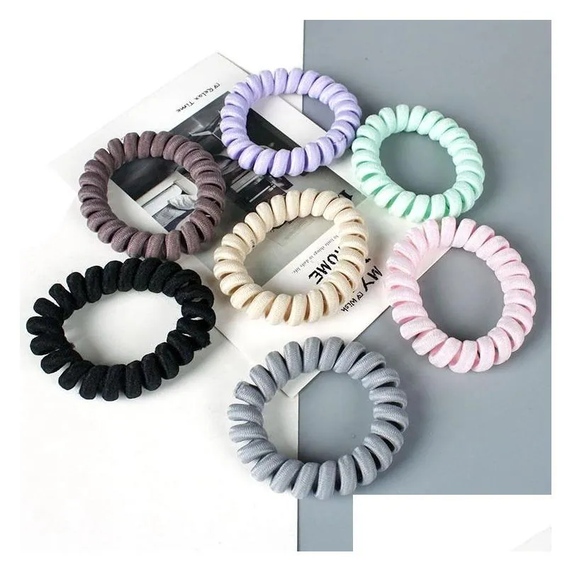 Accessoires pour cheveux Haute élasticité Téléphone Bobine Hairband Hair Bows 7 couleurs Fille Spiral Hairties Anneaux Corde Accessoires Gum Scrunchy D Dhgrz