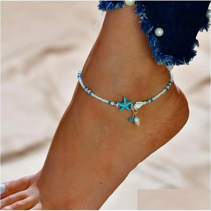 Fußkettchen Boho Süßwasserperlen Charm Fußkettchen Damen Sandalen Perlen Knöchelarmband Sommer Strand Seestern Perlenarmbänder Fußschmuck Dro Dhvxs