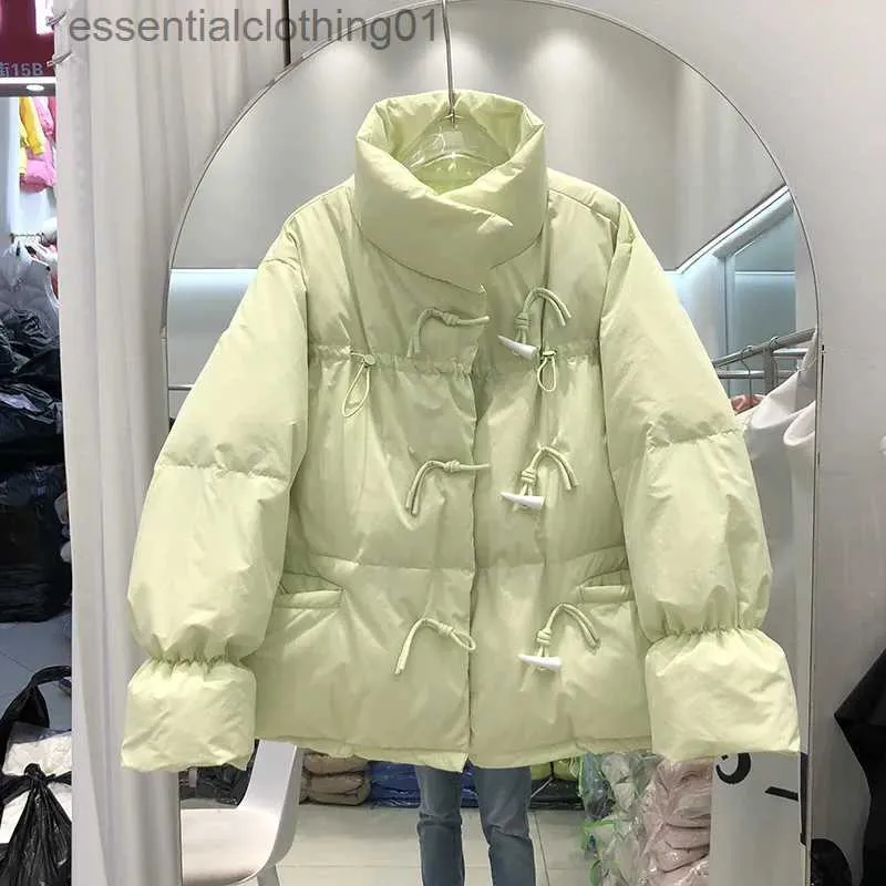 Women's Down Parkas Down Jacket Women's New Autumn Winter Butter Green Elegant Horn Button Loose White Duck Down Stand Collar Black Thermal Jacket L231129