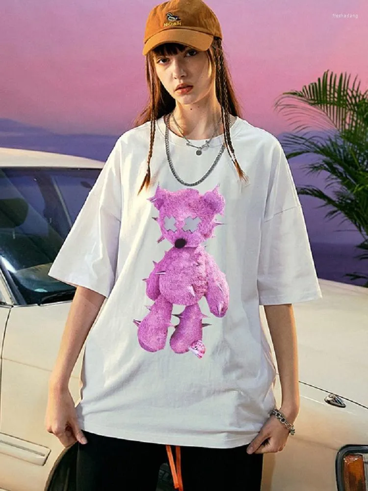 여자 T 셔츠 핑크 플러시 테디 베어 kawaii 인쇄 티셔츠 여자하라 주쿠 Y2K 여름 면화 짧은 슬리브 느슨한 오버 사이즈 셔츠