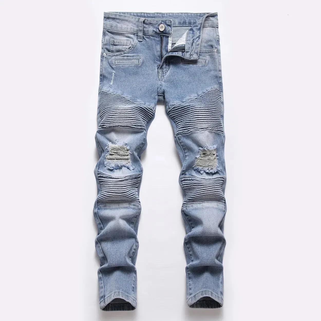 Jeans pour hommes garçon printemps et automne bleu moyen tache taille moyenne enfants trou droit lavé Locomotive Denim pantalon 231129