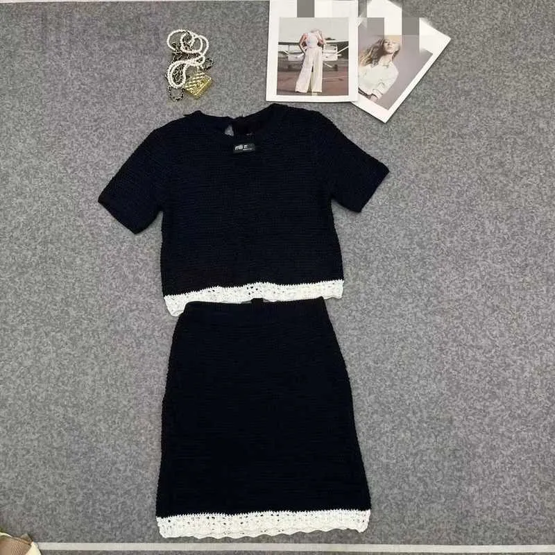 Tweedelige jurk designer M Family 23 zomer nieuwe slanke en dunne stijl kant-up korte mouwen + hoge taille rand halve rok set 1VZR