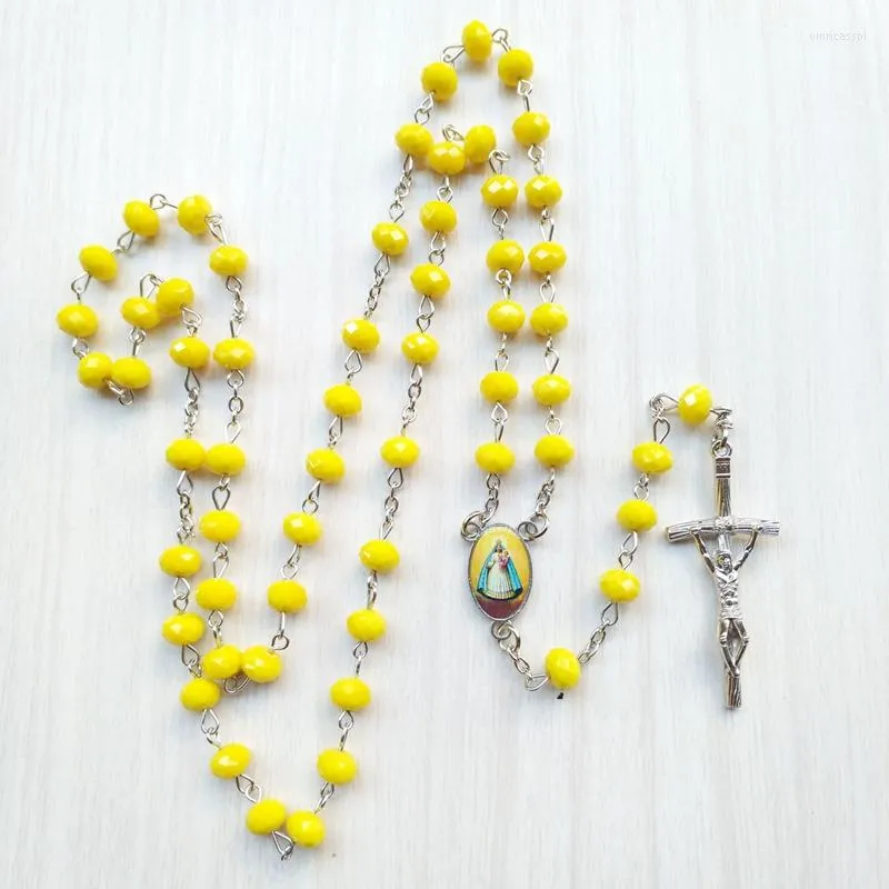 Pendentif Colliers QIGO Bijoux Catholiques Longues Perles De Cristal Jaune Brin Croix Chapelet Collier Pour Hommes Femmes