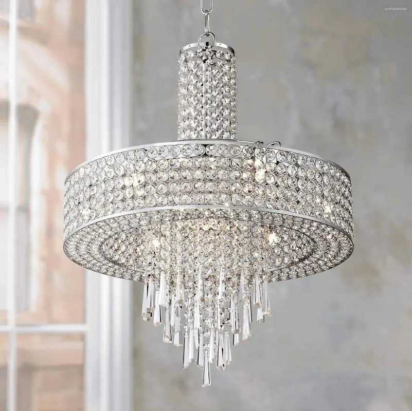 Kroonluchters Wenen volledig spectrum kristal cascade chroom trommel hangende kroonluchter verlichting 19 1/2" breed modern halogeen 9-lichtarmatuur eetkamer