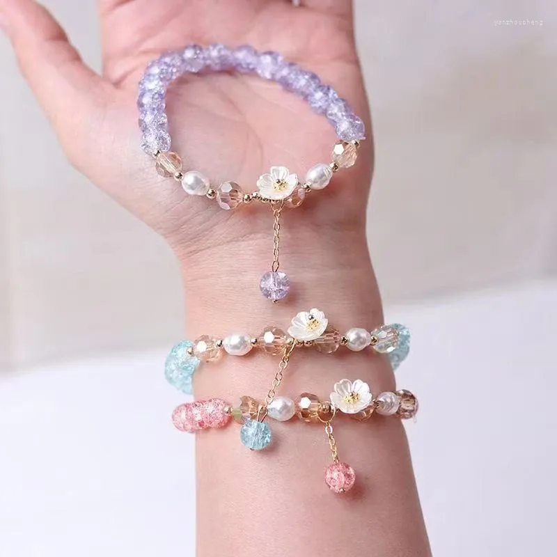 Charm Bracelets 1PC Fashion Flower Imitation Pearl Crystal Beads Bracelet For Women Elastic Friendship Jewelry Accessories