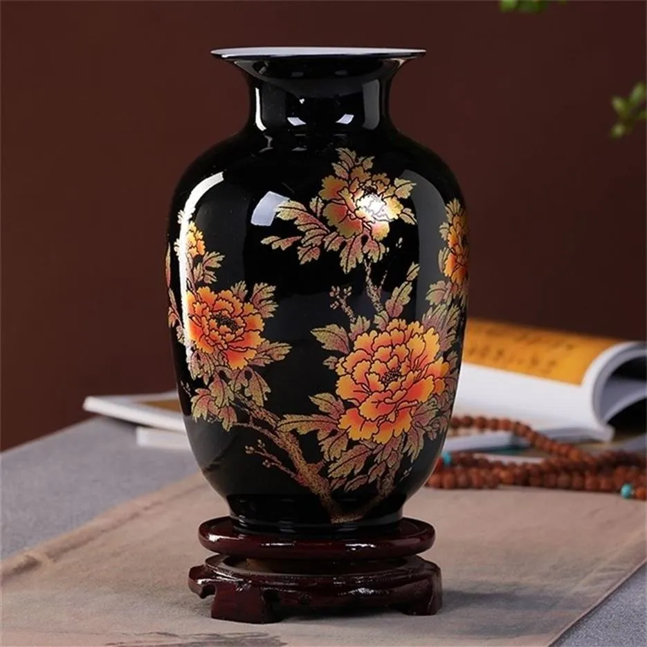 New Chinese Style Vase Jingdezhen Black Porcelain Crystal Glaze Flower Vase Home Decor Handmade Shining Famille Rose Vases LJ20120206A