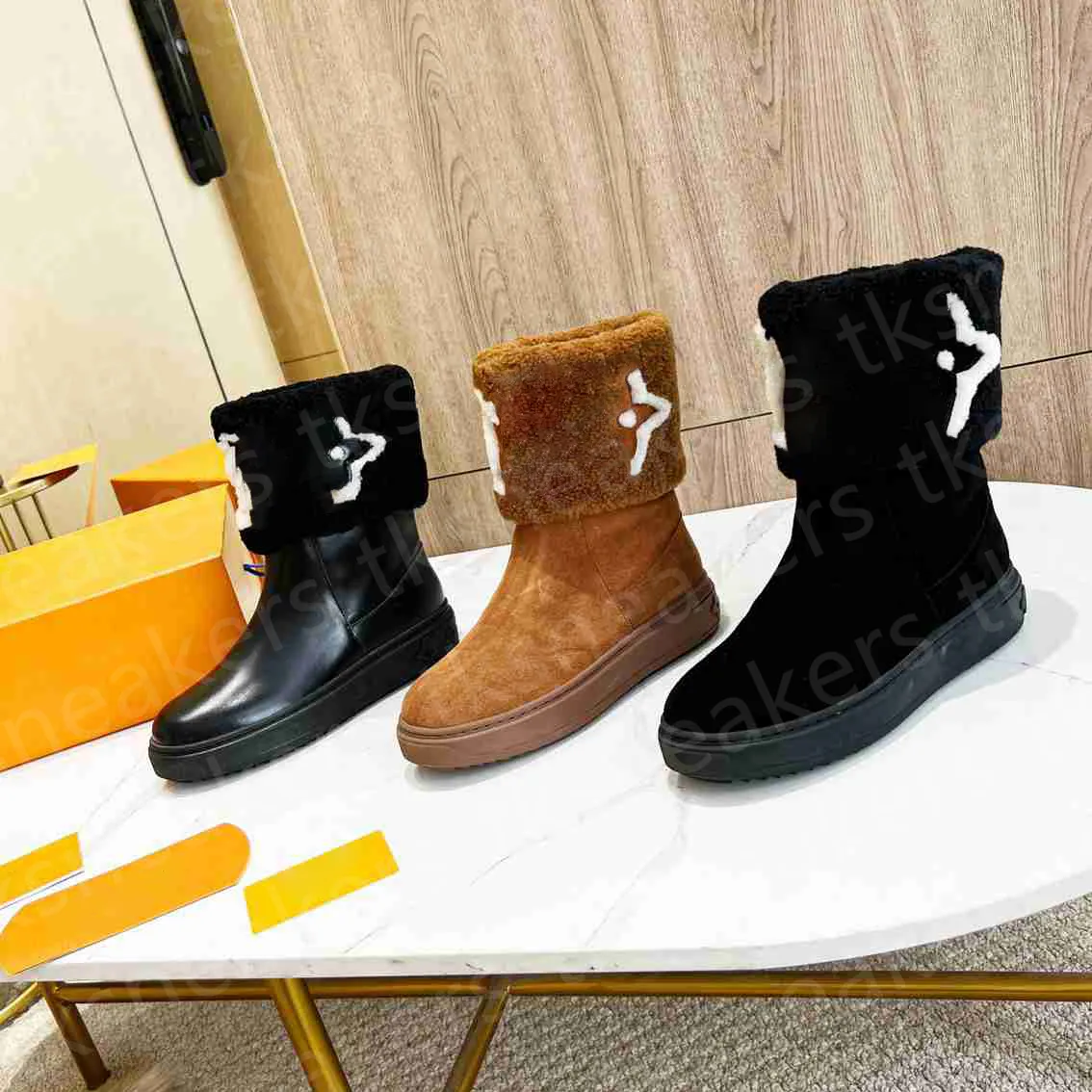 Designer clssicloo Snowboots Casual meisjes schapenvacht schoen halve enkellaars leer gelauwerd plat zacht winter warm bruin zwart pluche warm houden maat 36-41