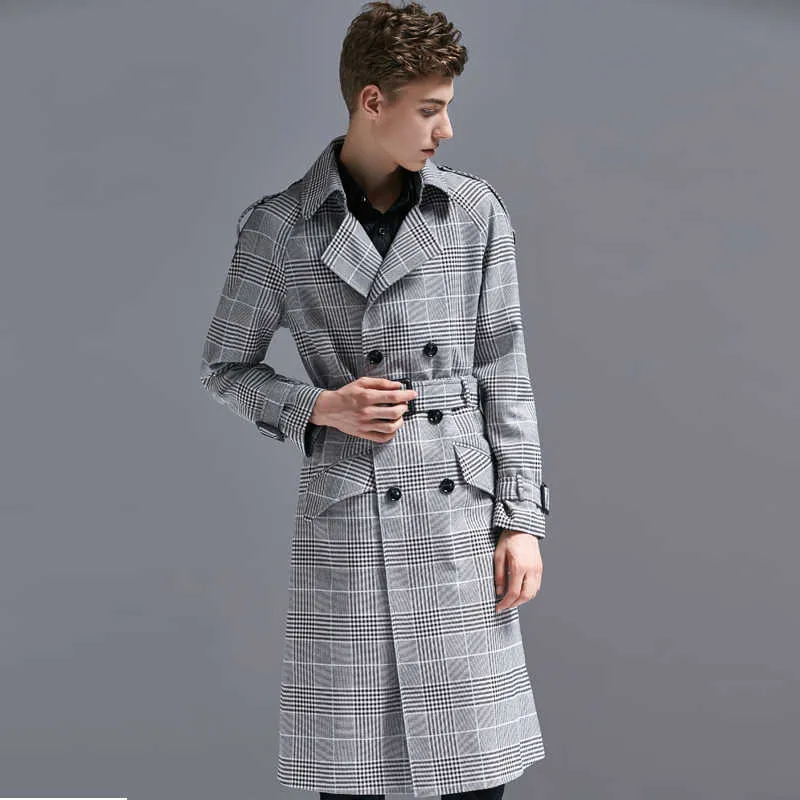 Men's style extra long plaid new double breasted plaid coat 2r