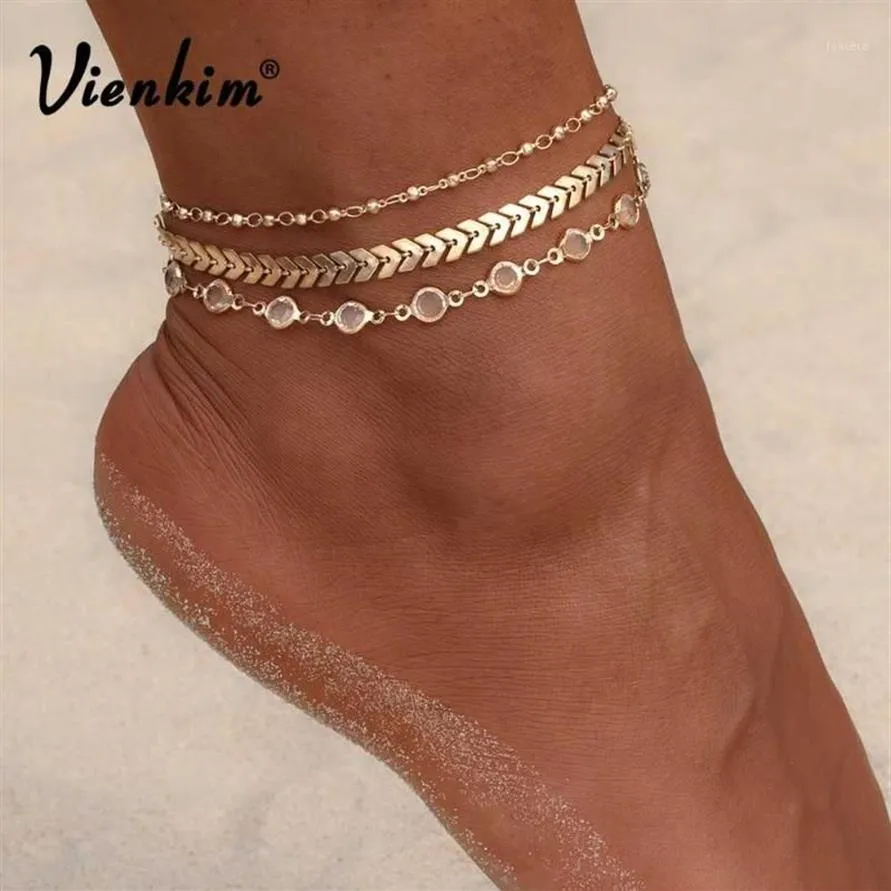 Vienkim 3 pièces lot cristal paillettes cheville ensemble plage pied bijoux Vintage cheville bracelets pour femme été fête cadeau 20221305o