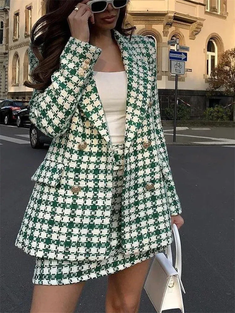 Tweedelige jurk dames tweed pak rokset herfst elegante wol 2 delige sets outfit pak jassen hoog getailleerde minirokken kantoorpakken voor vrouwen 231129