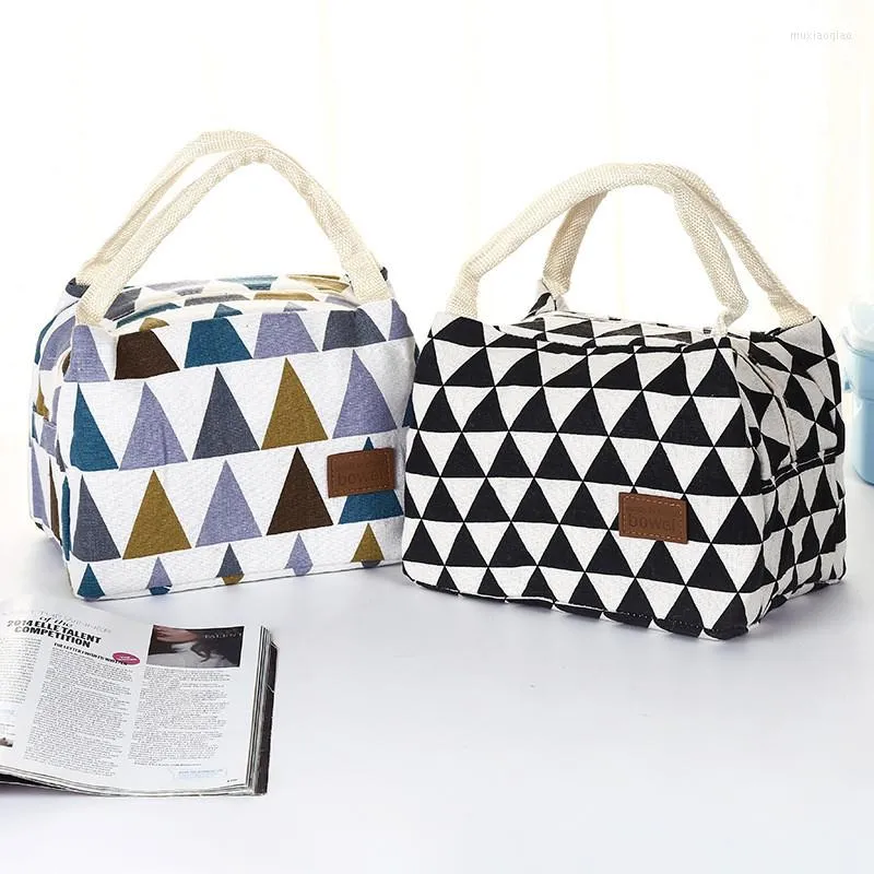 Storage Bags Portable Geometric Pattern Linen Lunch Bag Cotton Insulated Handbag Food Container Picnic Kitchen Tools