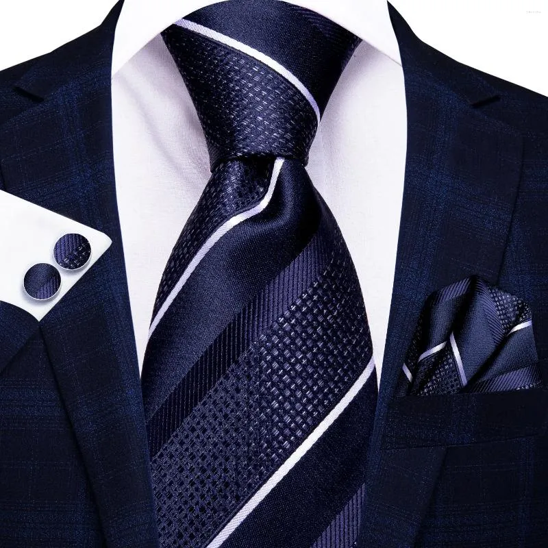 Bow Ties Hi-Tie Navy Blue White Striped Silk Wedding Tie For Men Handky Cufflink Set Fashion Designer Gift Necktie Business Party