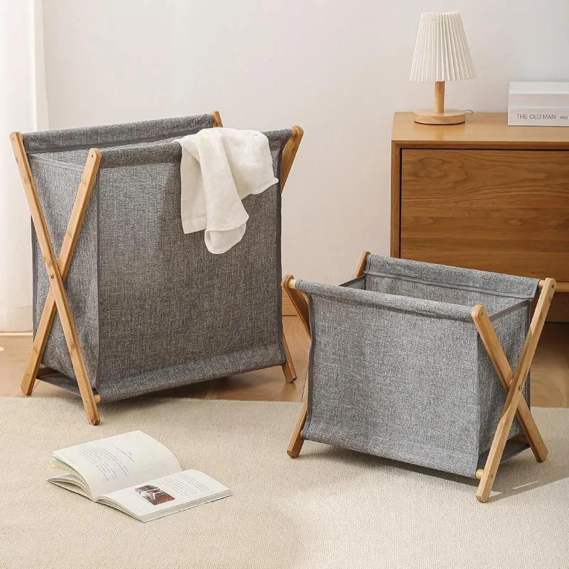 Organisatie Bamboo Wood Laundry Hamper Sorter Cart Inklapbare opvouwbare kledingmand opslag met verwijderbare voering stofzak x frame