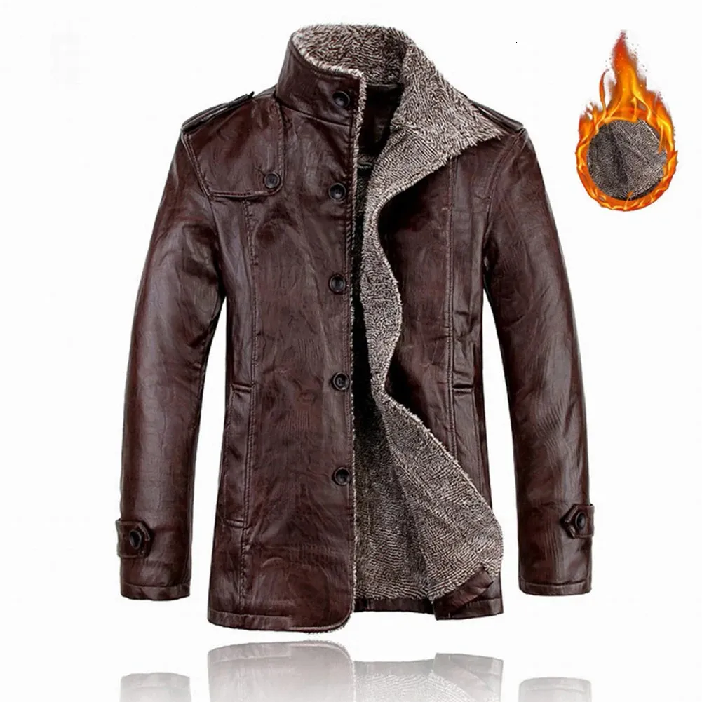 Vestes pour hommes hiver chaud rétro Faux cuir moto Rider manteaux pardessus polaire doublé Trench vêtements d'extérieur manteau à revers 231128