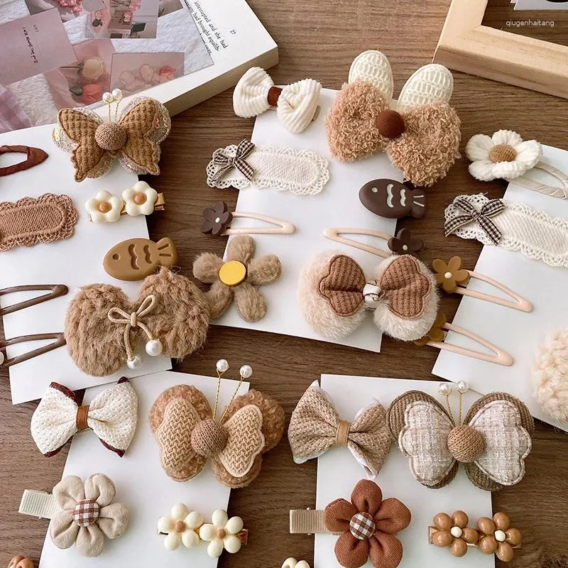 Hair Accessories 8Pcs/Set Korean Winter Plush Clips Sweet Flower Bow Barrettes For Girls Kids Side Hairpin Headwear Baby