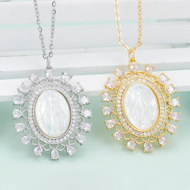 Collares pendientes EYIKA Religiosa Mujer CZ Santa Virgen María Oval Collar Blanco Madre Perla Concha Nuestra Señora De Guadalupe María