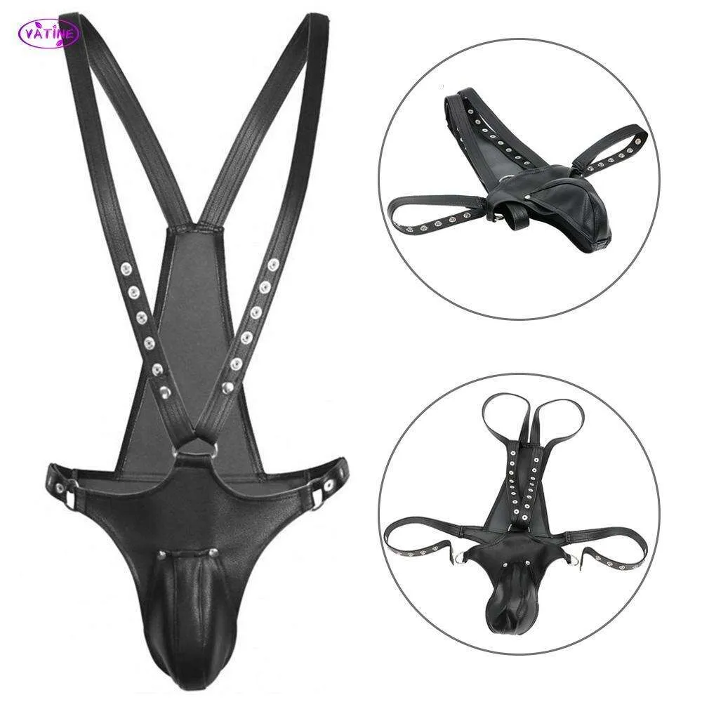 Juguete sexual Masajeador Cuero Ropa interior sexy Pantalones para hombres Gay Chastity Cage Arnés Strapon Kit Juegos para adultos Bondage Set Productos Tienda de juguetes