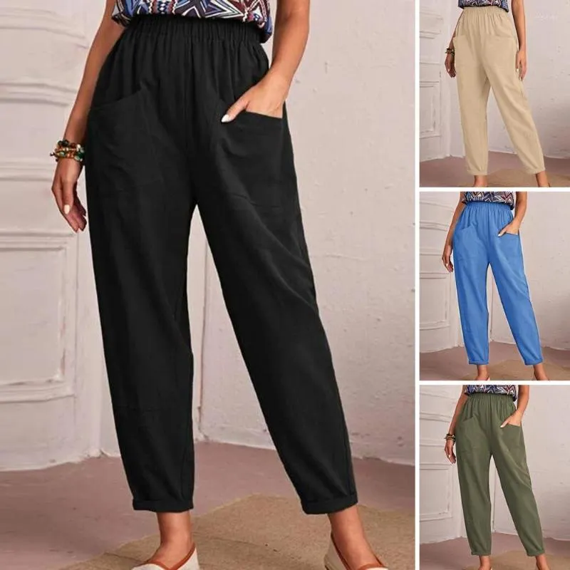 Kvinnors byxor hög midja avslappnad elastiska fickor rak ben kvinnor vintage fast färg nionde dam slacks streetwear