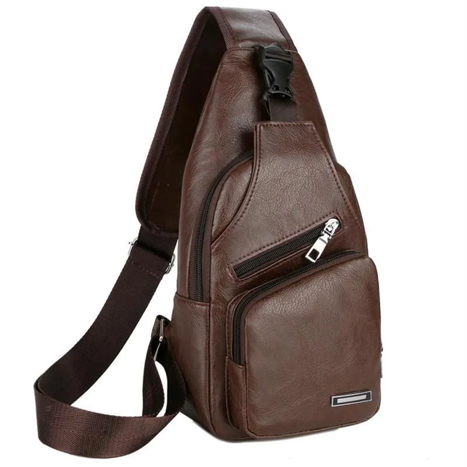 Plunjezakken USB Opladen Mannen Tiener Borst Pakken Lederen Sling Schoudertas Jongens Draagbare Telefoon Crossbody Waterdicht Mode Travel267C