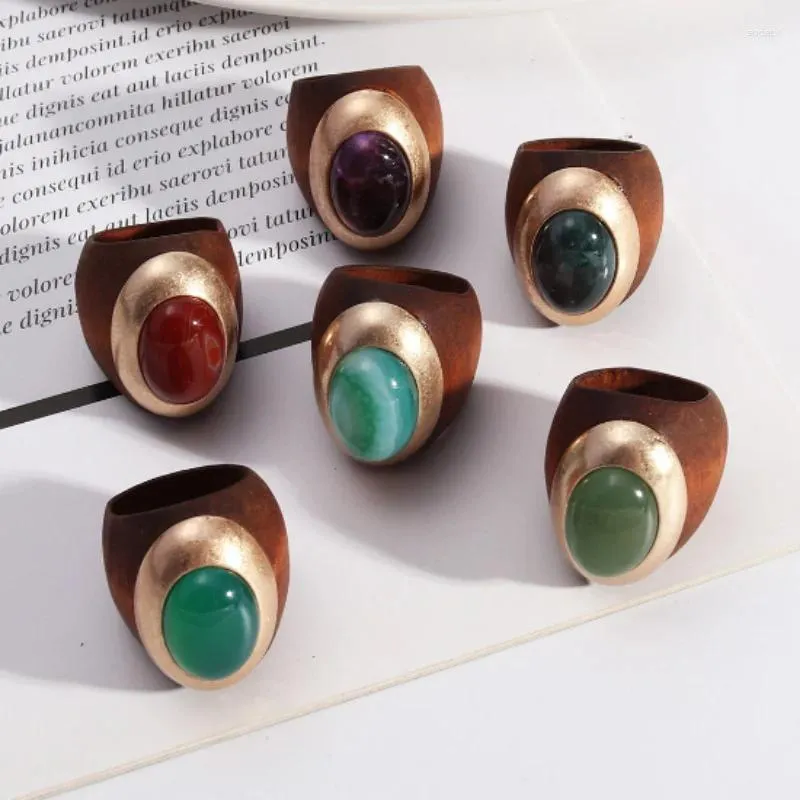 Cluster Rings Oval Natural Stone Amethysts Green Red Agates Big Wooden Band Jewelry For Women Fashion Character Trend Ring